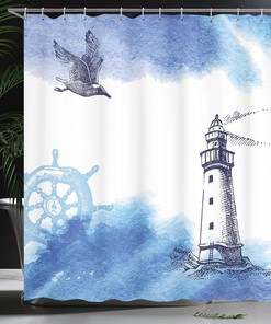 Nautical Lighthouse Shower Curtain, Watercolors Gull Anchor Tower Cloth Fabric Bathroom Decor, Home Decor Blue/White