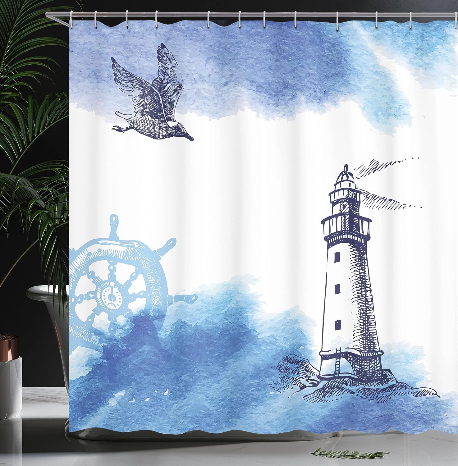 Nautical Lighthouse Shower Curtain, Watercolors Gull Anchor Tower Cloth Fabric Bathroom Decor, Home Decor Blue/White