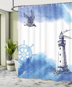 Nautical Lighthouse Shower Curtain, Watercolors Gull Anchor Tower Cloth Fabric Bathroom Decor, Home Decor Blue/White
