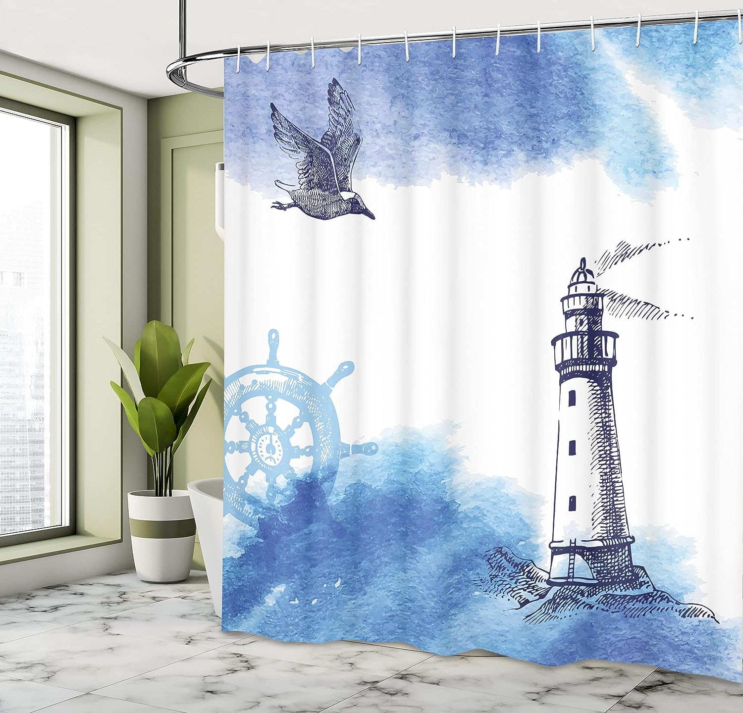Nautical Lighthouse Shower Curtain, Watercolors Gull Anchor Tower Cloth Fabric Bathroom Decor, Home Decor Blue/White