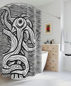 Nautical Octopus Shower Curtain - Black and White Bathroom Decor with Ocean Theme