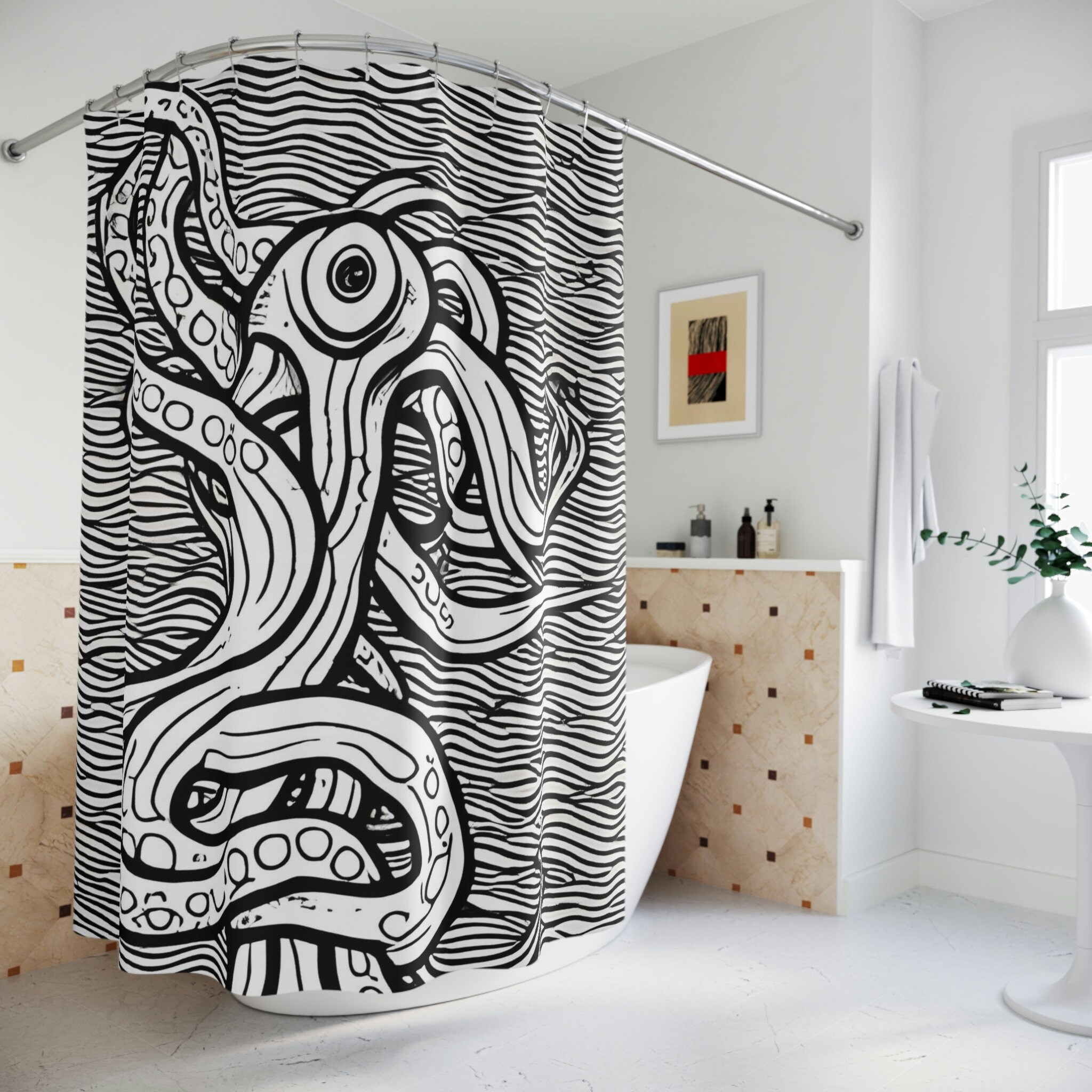 Nautical Octopus Shower Curtain - Black and White Bathroom Decor with Ocean Theme