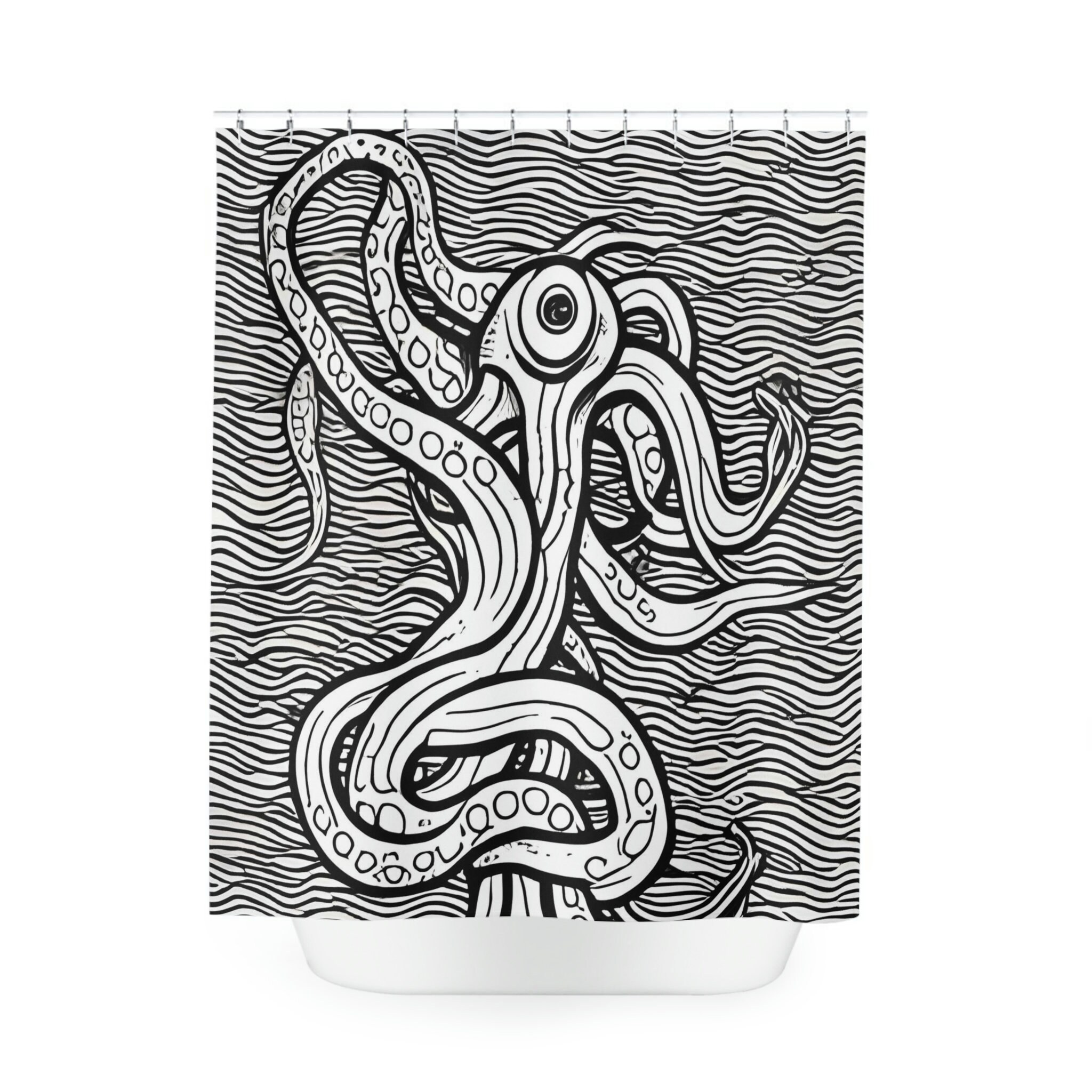 Nautical Octopus Shower Curtain - Black and White Bathroom Decor with Ocean Theme