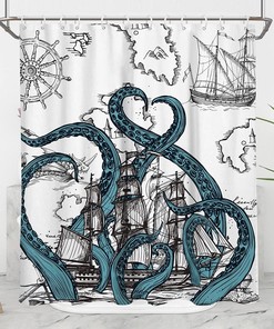 Nautical Octopus Shower Curtain with Pirate Ship Anime Sailboat Beach Theme Map Coastal Sea Design for Boys Bathroom Decoration