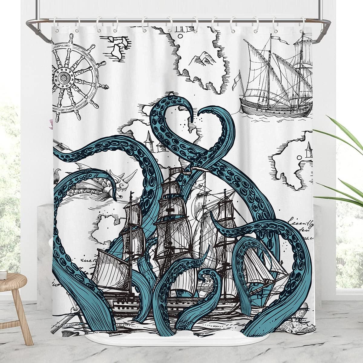 Nautical Octopus Shower Curtain with Pirate Ship Anime Sailboat Beach Theme Map Coastal Sea Design for Boys Bathroom Decoration