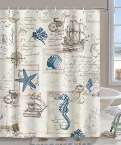 Nautical Vintage Sailboat Shower Curtain with Lighthouse and Anchor Design