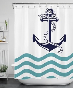 Navy Anchor White Shower Curtain with Abstract Sea Water for a Nautical Bathroom Decor