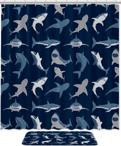 Navy Background Modern Double Glide Shark Pattern Shower Curtain - Bathroom Decor