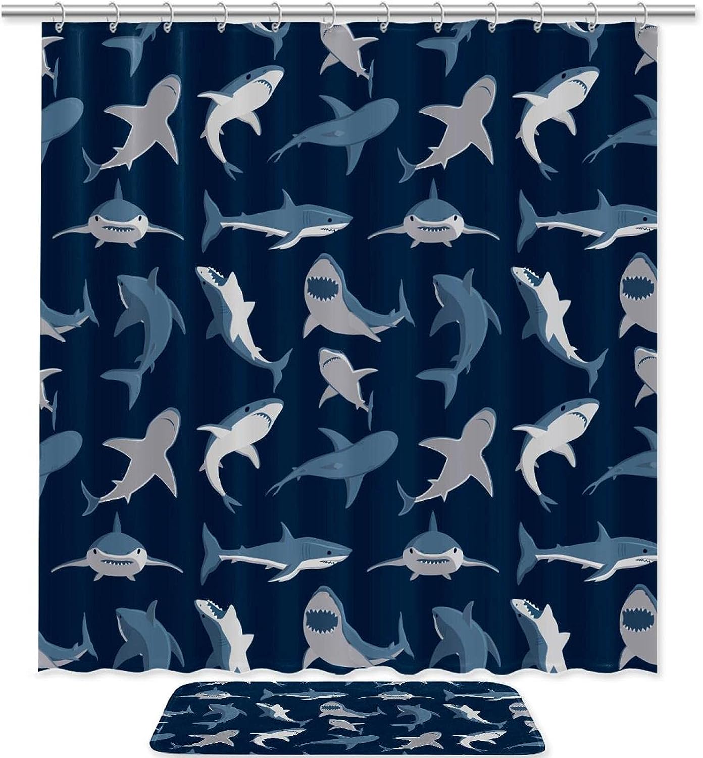 Navy Background Modern Double Glide Shark Pattern Shower Curtain - Bathroom Decor