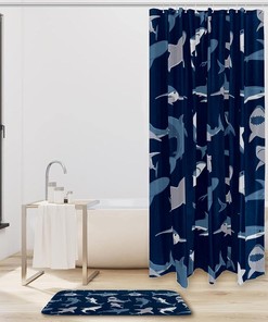 Navy Background Modern Double Glide Shark Pattern Shower Curtain - Bathroom Decor