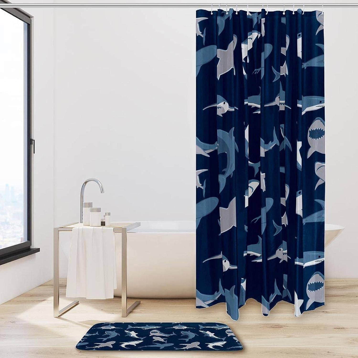 Navy Background Modern Double Glide Shark Pattern Shower Curtain - Bathroom Decor