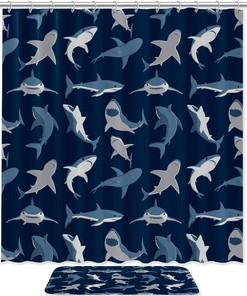 Navy Background Shark Pattern Bathroom Decors Waterproof Shower Curtain - Bathroom Decor