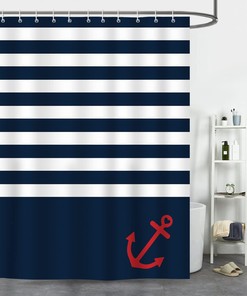 Navy Blue Anchor Nautical Stripe Shower Curtain for Chic Bathroom Decor