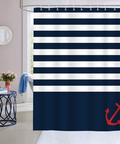 Navy Blue Anchor Nautical Stripe Shower Curtain for Chic Bathroom Decor