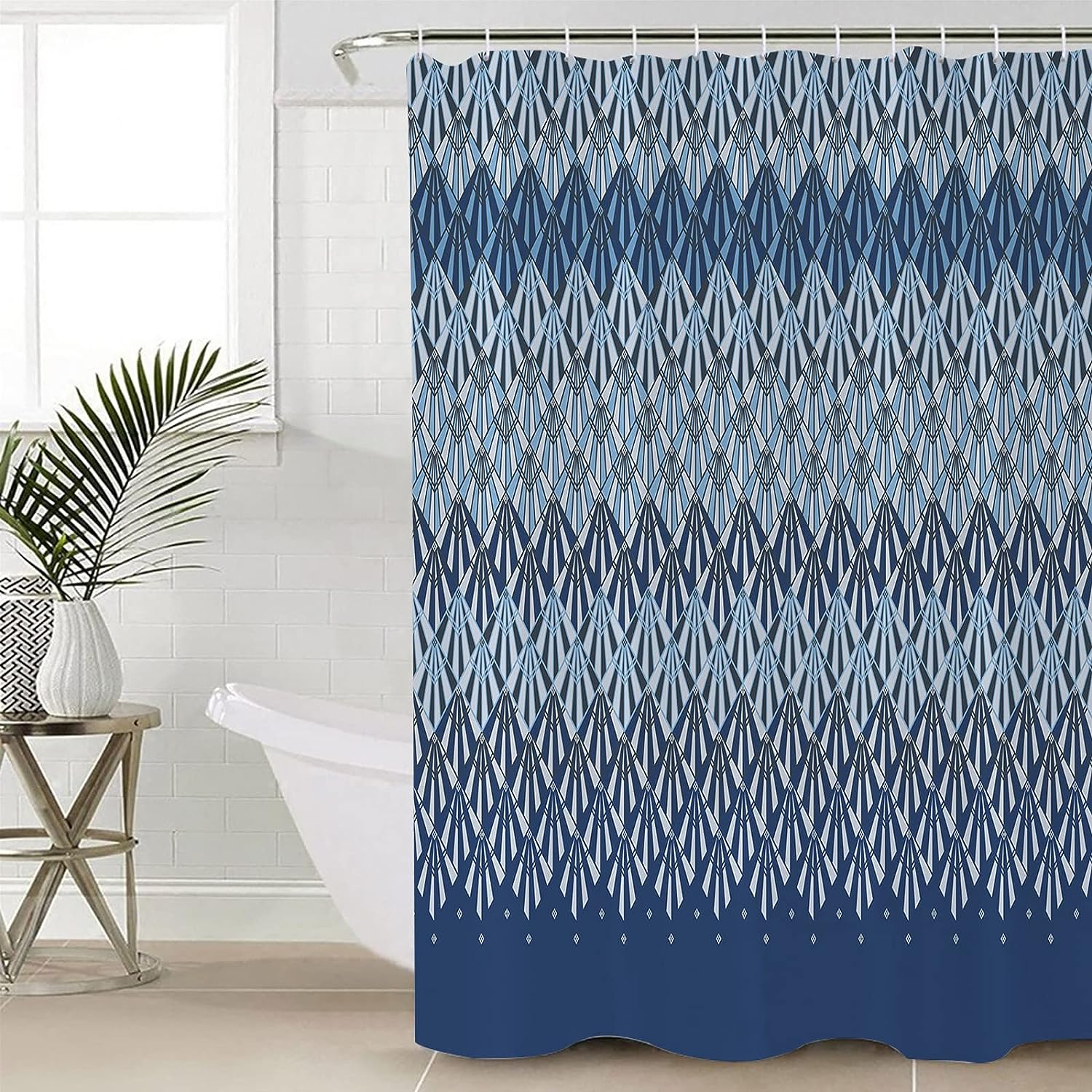 Navy Blue Geometric Shower Curtain, Modern Plaid Abstract Art Aesthetics for Bathroom Decor