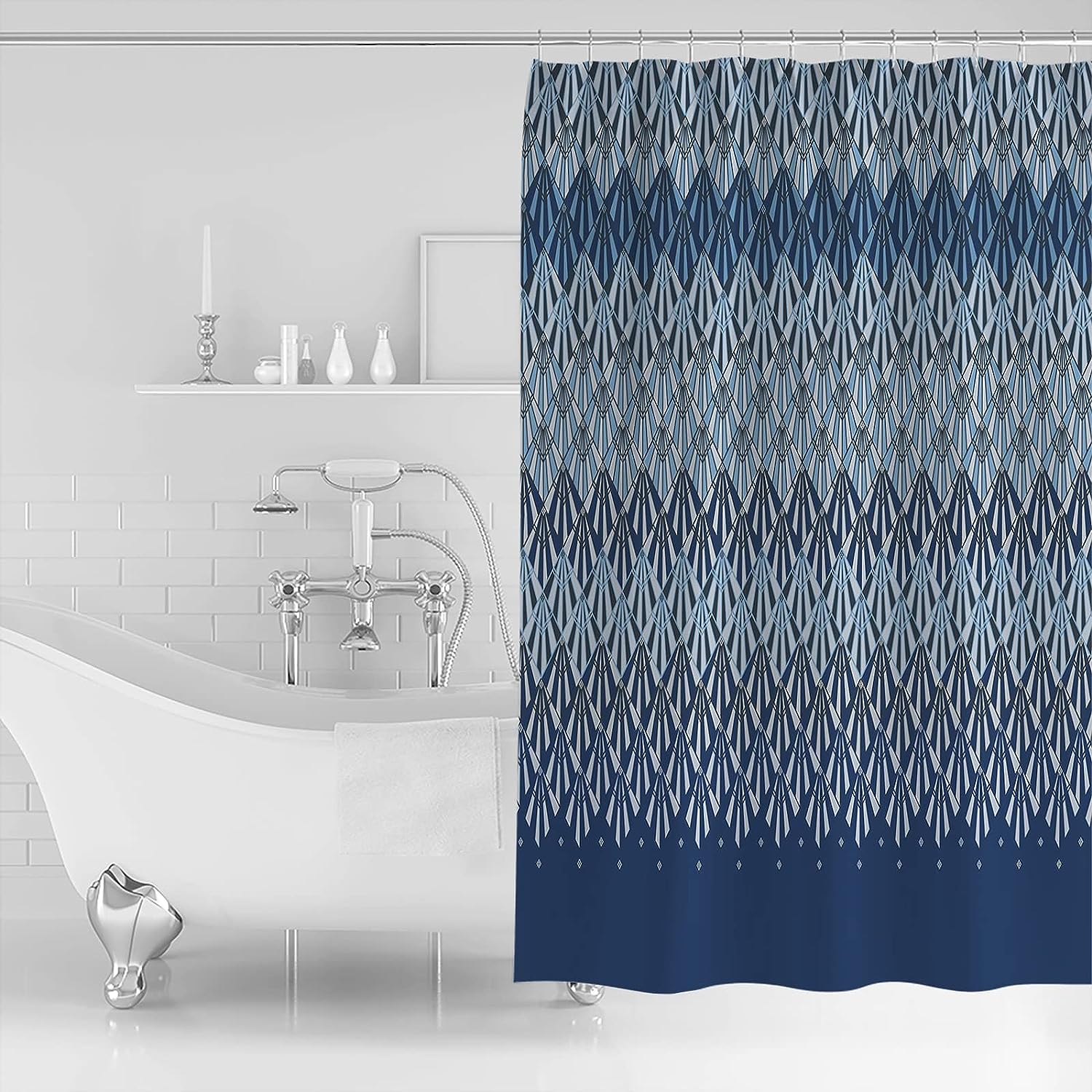 Navy Blue Geometric Shower Curtain, Modern Plaid Abstract Art Aesthetics for Bathroom Decor