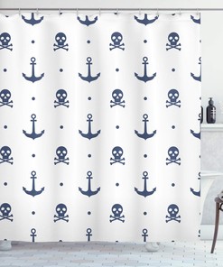 Navy Blue Marine Shower Curtain with Pirate Anchors and Skulls Illustration for a Nautical Bathroom Decor