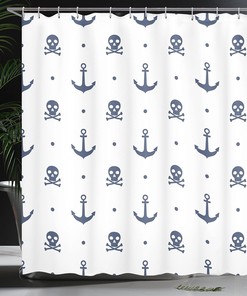 Navy Blue Marine Shower Curtain with Pirate Anchors and Skulls Illustration for a Nautical Bathroom Decor