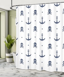 Navy Blue Marine Shower Curtain with Pirate Anchors and Skulls Illustration for a Nautical Bathroom Decor