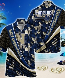 Navy Midshipmen Summer Hawaiian Shirt, With Tropical Flower Pattern for Fans