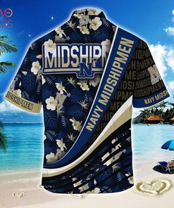 Navy Midshipmen Summer Hawaiian Shirt, With Tropical Flower Pattern for Fans