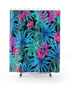 Neon Blue Green Pink Tropical Flowers on Black Shower Curtain for Chic Look