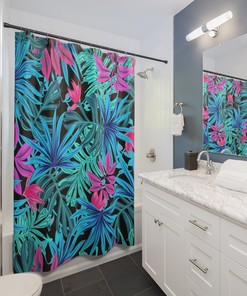 Neon Blue Green Pink Tropical Flowers on Black Shower Curtain for Chic Look