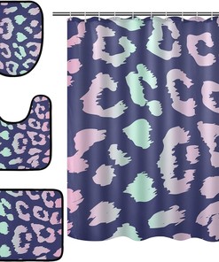 Neon Blue Pink Color Leopard Spot Shower Curtain and Mat for Bright Bathroom Decor