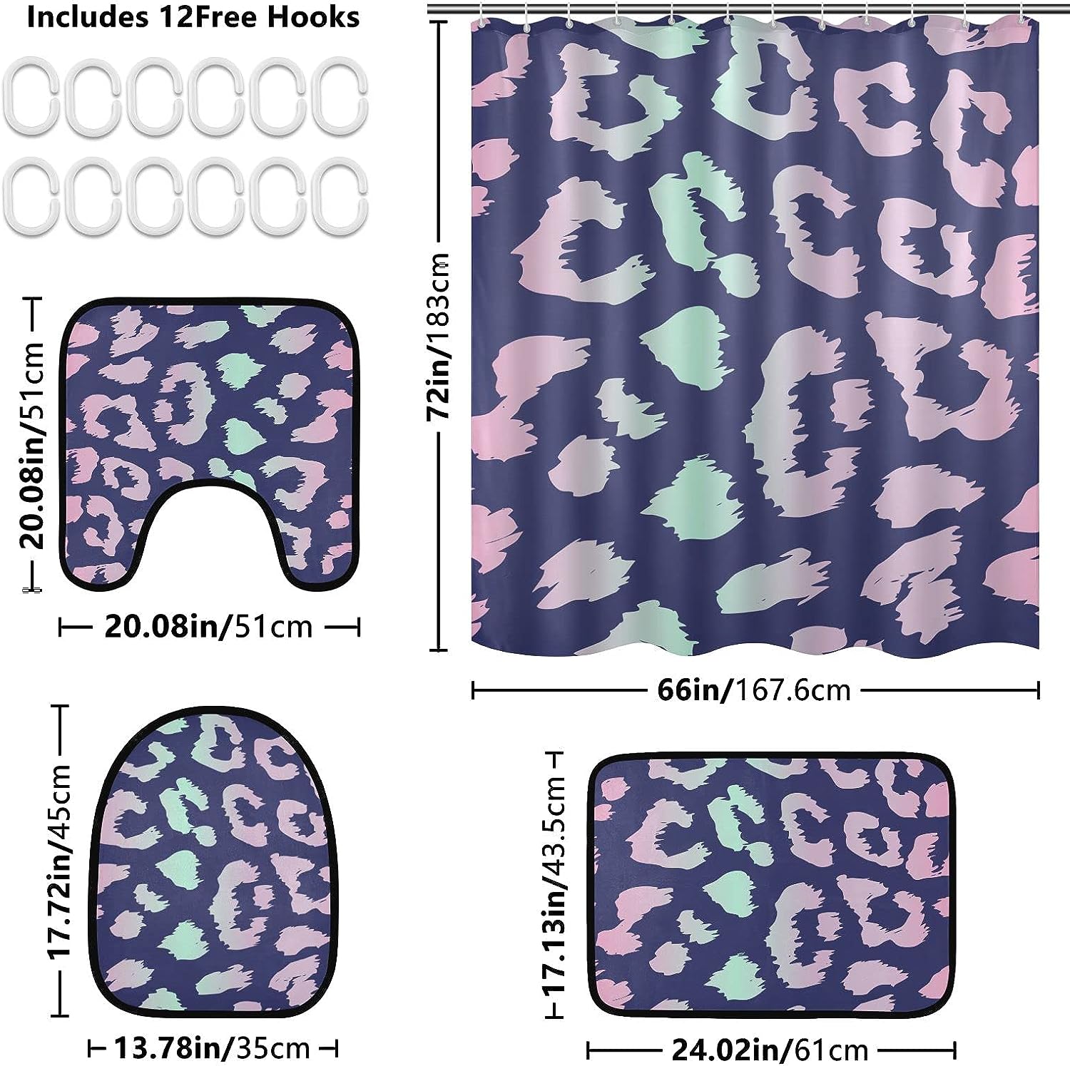 Neon Blue Pink Color Leopard Spot Shower Curtain and Mat for Bright Bathroom Decor