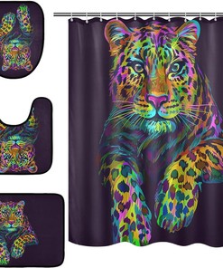 Neon Colors Leopard Shower Curtain and Mat for Bold Bathroom Decor