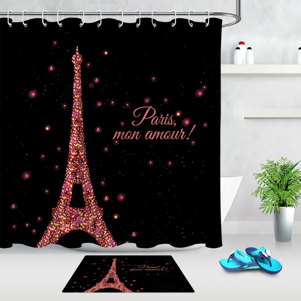 Neon Eiffel Tower Abstract Shower Curtain for Bathroom Decor
