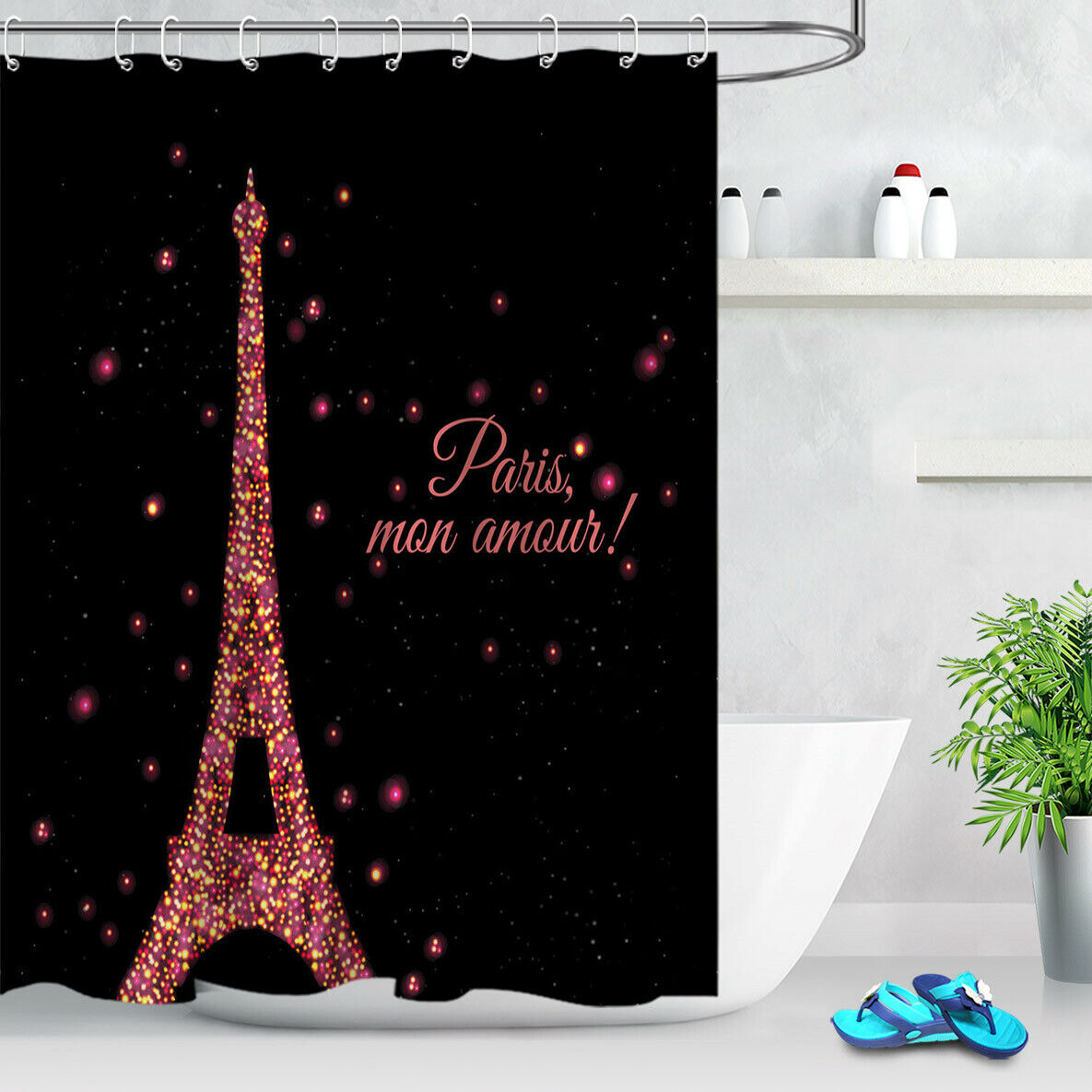 Neon Eiffel Tower Abstract Shower Curtain for Bathroom Decor