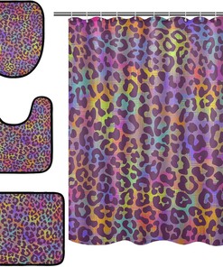 Neon Rainbow Colors Leopard Spots Shower Curtain and Mat for Fun Bathroom Decor