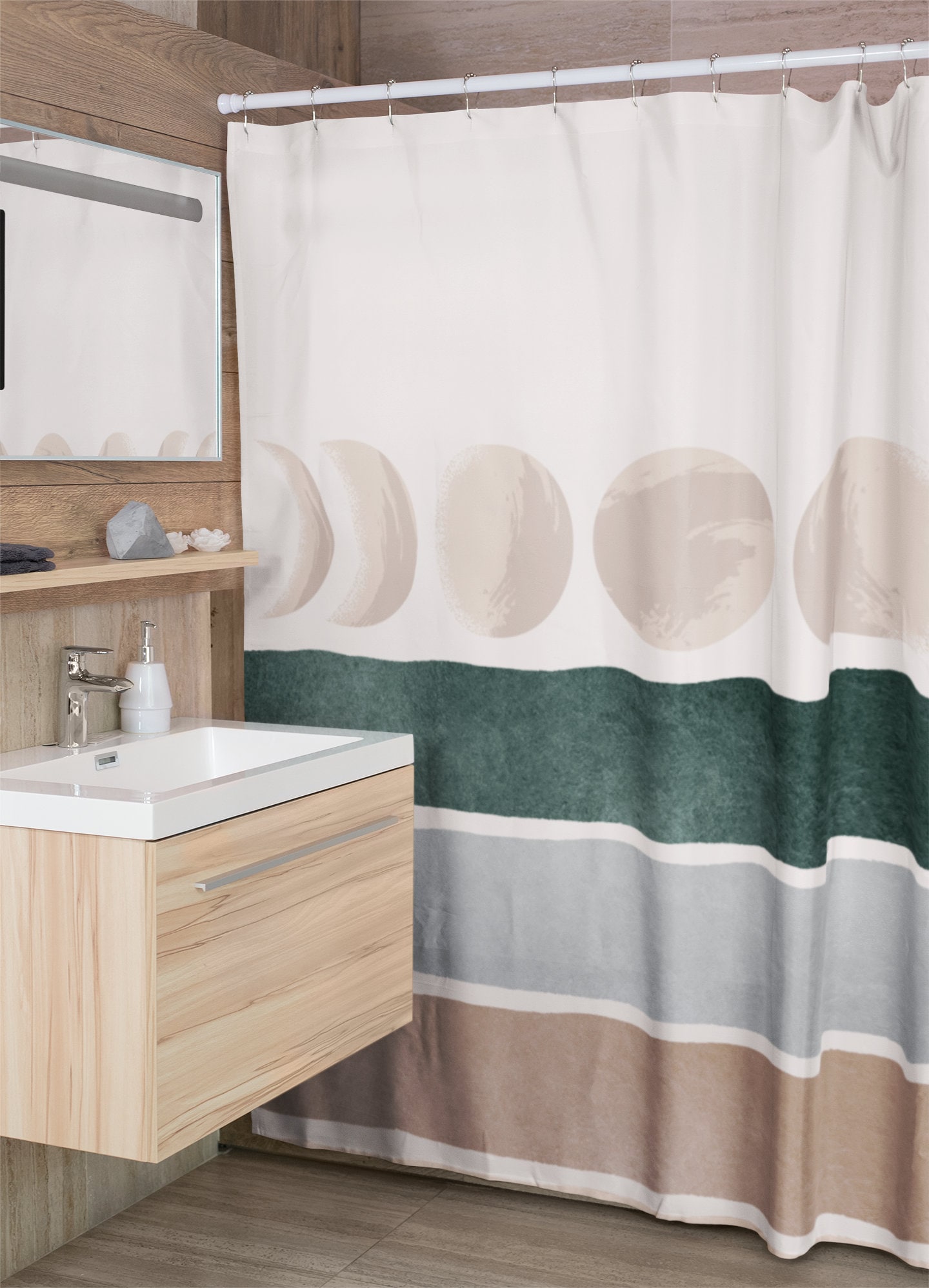 Neutral Color Boho Moon Shower Curtain for Relaxing Bathroom