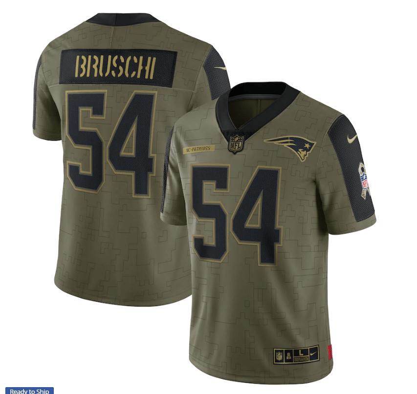 New England Patriots Tedy Bruschi 54 Nfl Olive 2021 Salute To Service Retired Player Men Jersey For Patriots Fans