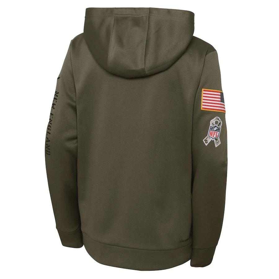 New England Patriots Youth 2022 Salute To Service Performance Pullover Hoodie - Olive