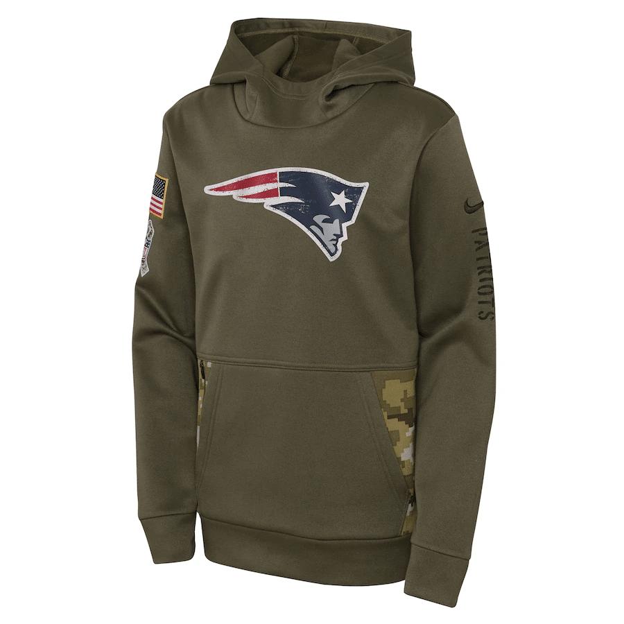 New England Patriots Youth 2022 Salute To Service Performance Pullover Hoodie - Olive