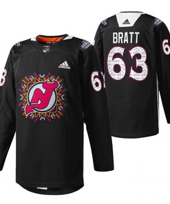 New Jersey Devils 63 Jesper Bratt 2022 Hispanic Heritage Night Jersey Black Warm-Up Jersey