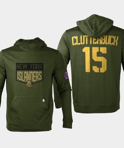 New York Islanders 15 Cal Clutterbuck 2022 Salute to Service Olive Pullover