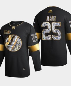 New York Islanders Sebastian Aho 25 Golden Diamond Black 2022-23 Jersey 50th Anniversary