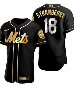 New York Mets #18 Darryl Strawberry Mlb Golden Brandedition Black Jersey Gift For Mets Fans
