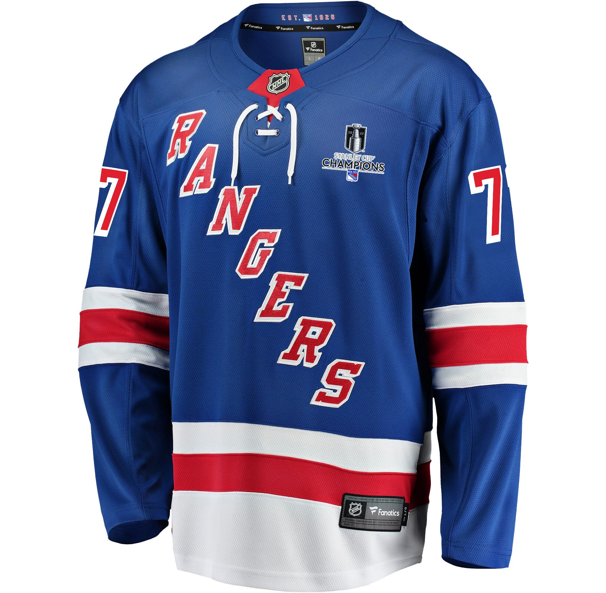 New York Rangers Frank Vatrano 77 Home 2022 Stanley Cup Champions Breakaway Men Jersey - Blue