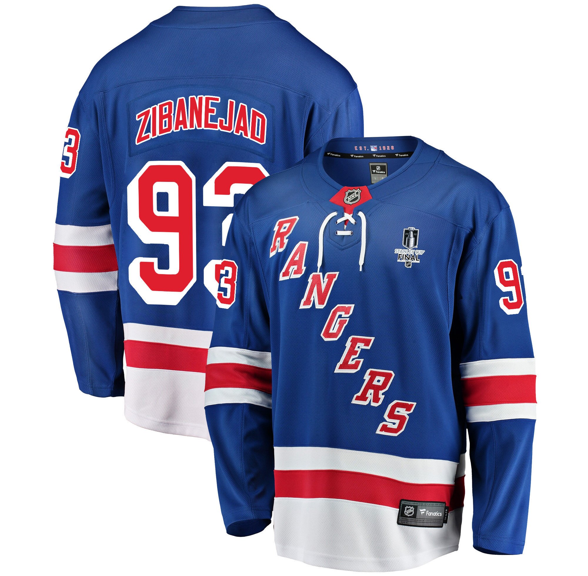 New York Rangers Mika Zibanejad 93 Home 2022 Stanley Cup Final Breakaway Men Jersey - Blue