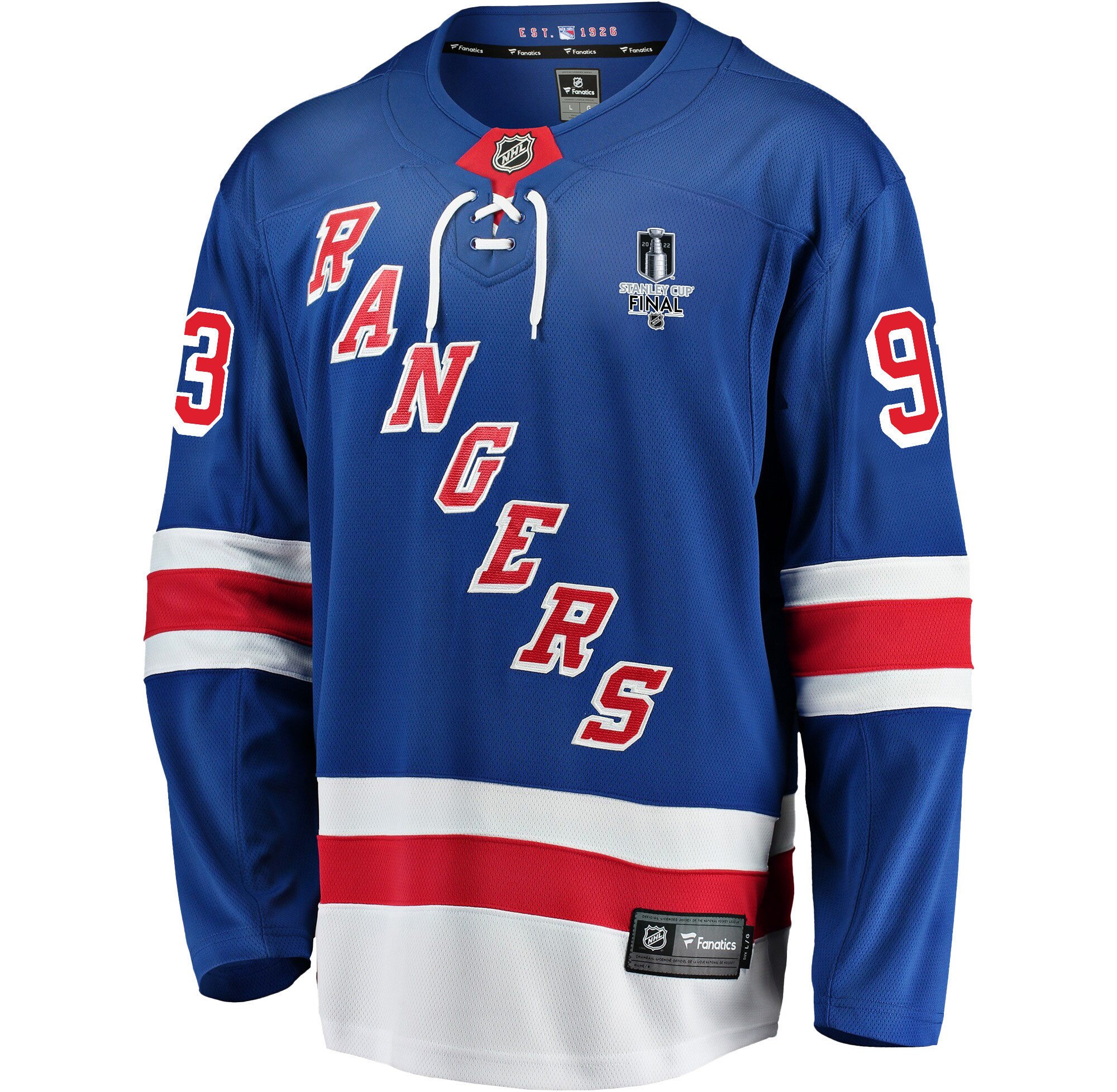 New York Rangers Mika Zibanejad 93 Home 2022 Stanley Cup Final Breakaway Men Jersey - Blue
