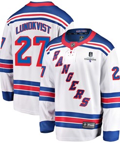 New York Rangers Nils Lundkvist 27 Away 2022 Stanley Cup Champions Breakaway Men Jersey - White