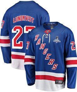 New York Rangers Nils Lundkvist 27 Home 2022 Stanley Cup Champions Breakaway Men Jersey - Blue