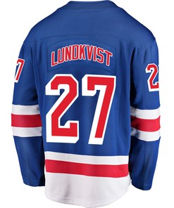 New York Rangers Nils Lundkvist 27 Home 2022 Stanley Cup Champions Breakaway Men Jersey - Blue