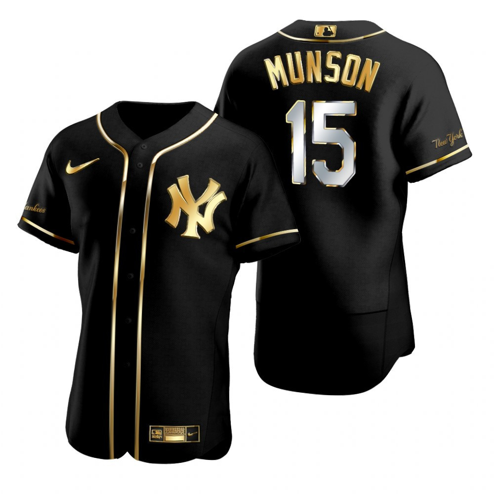 New York Yankees #15 Thurman Munson Mlb Golden Brandedition Black Jersey Gift For Yankees Fans
