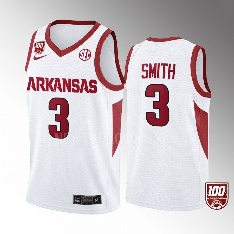 Nick Smith 3 Arkansas Razorbacks 2022-23 100 Season Uniform Jersey College Basketball White