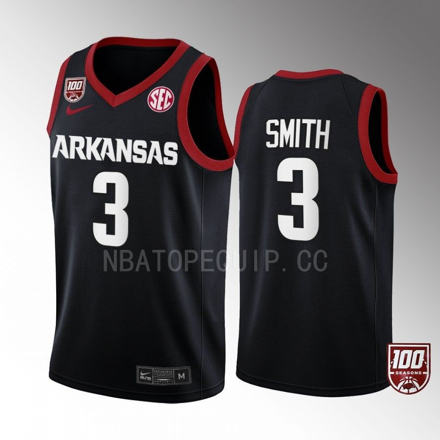 Nick Smith 3 Arkansas Razorbacks Black Jersey 2022-23 100 Season College Basketball